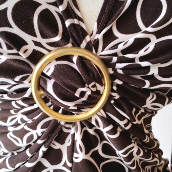 Y2k VNTG Brown Top Sz M GEOMETRIC V-Neck Wrap 3/4 Sleeve Babydoll Retro Artsy - Picture 3 of 8